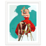 Sexy Pinup Girl In Red Dress Posing On a Ladder thumbnail