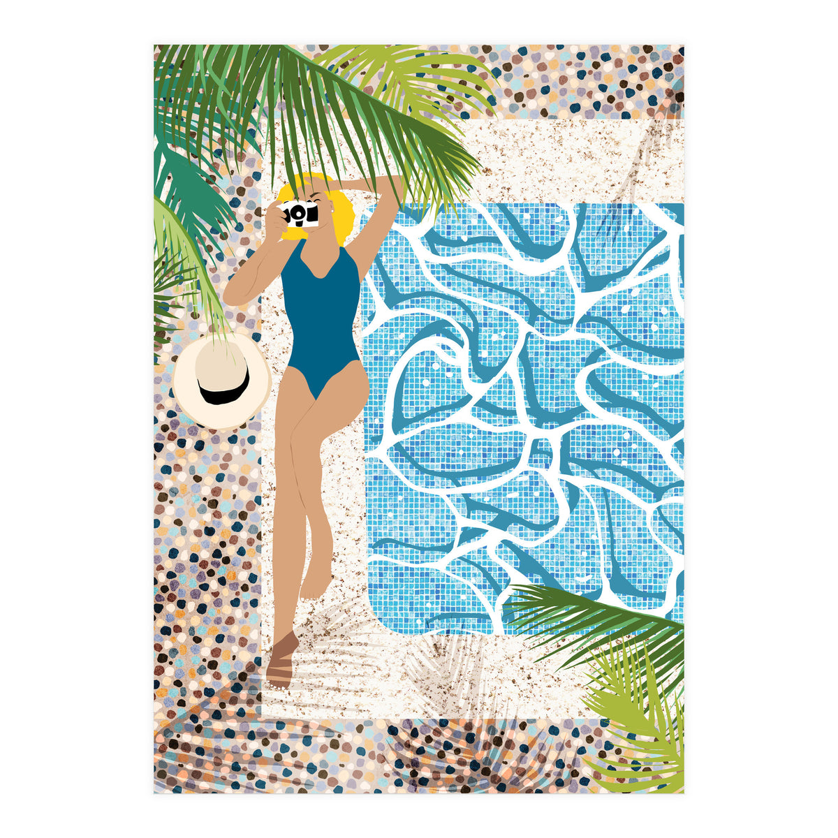 Click, Summer Travel Poolside Swim, Moroccan Tiles Staycation Vacation Holiday, Bohemian Woman Swimsuit Fashion Pose (Print Only)