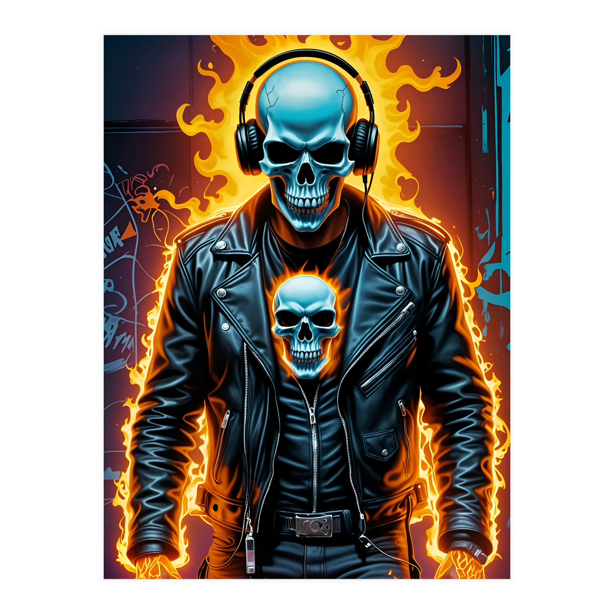 Fiery Skeleton Biker In Headphones (Print Only)