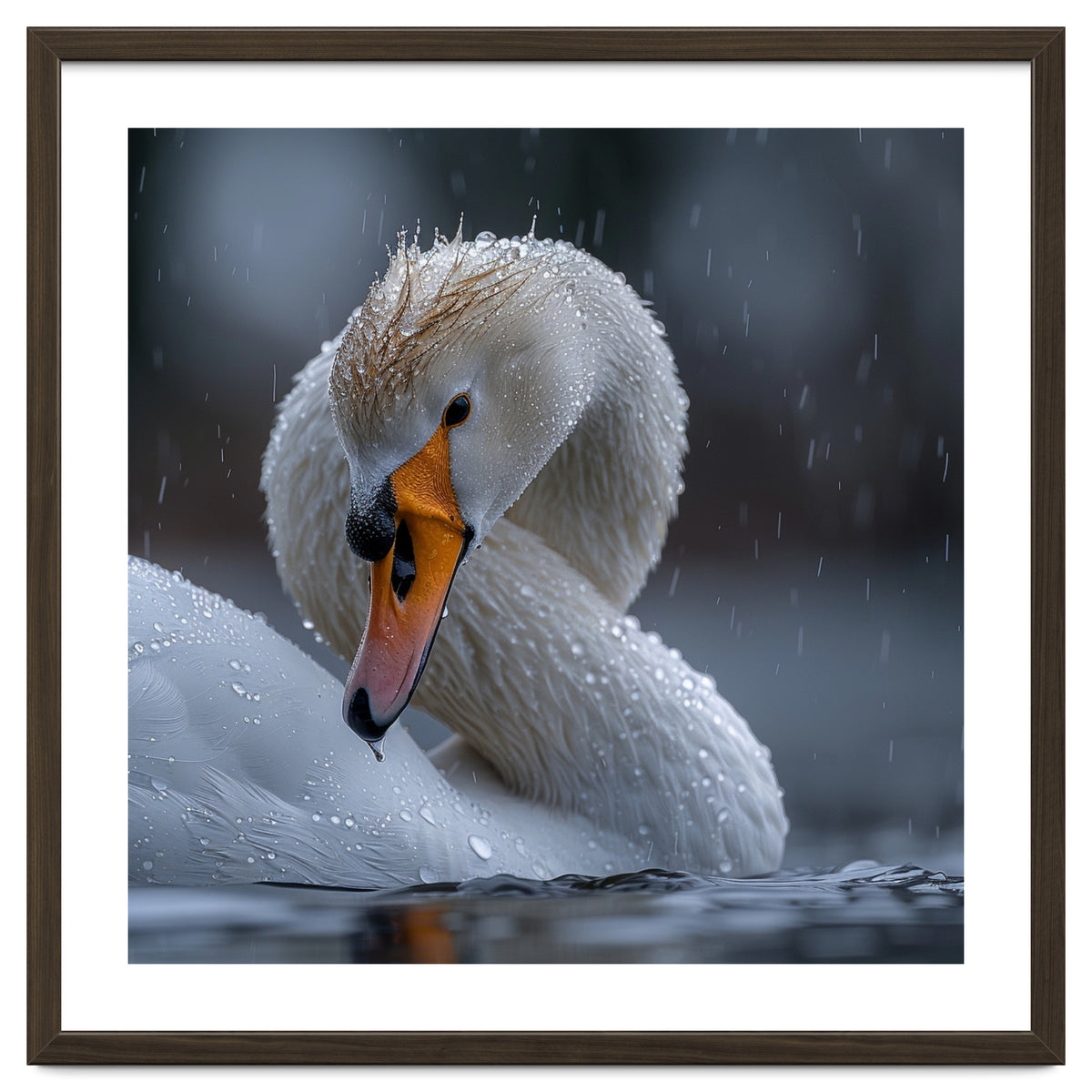 White Swan Bird With Water Droplets In Rain