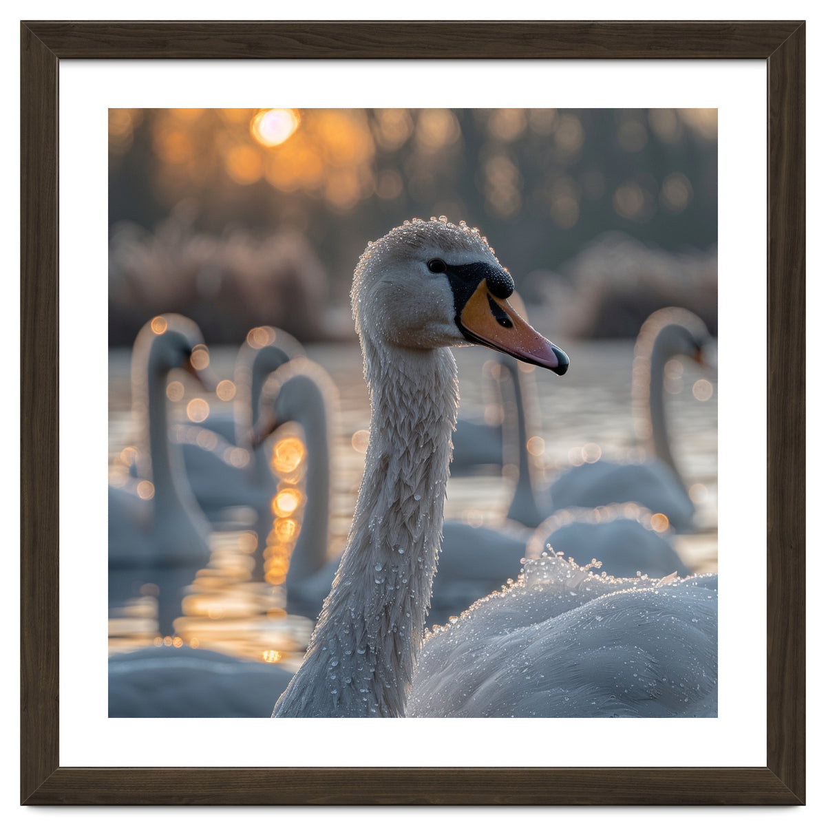 Close Up Of Swan With Water Droplets At Sunrise