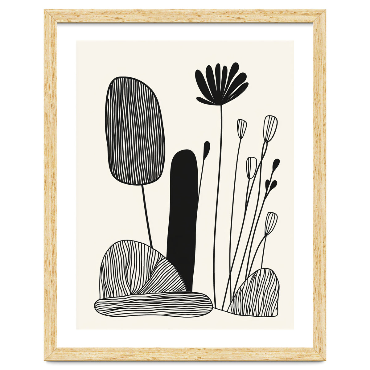 Abstract Black And White Botanical Illustration With Organic Shapes