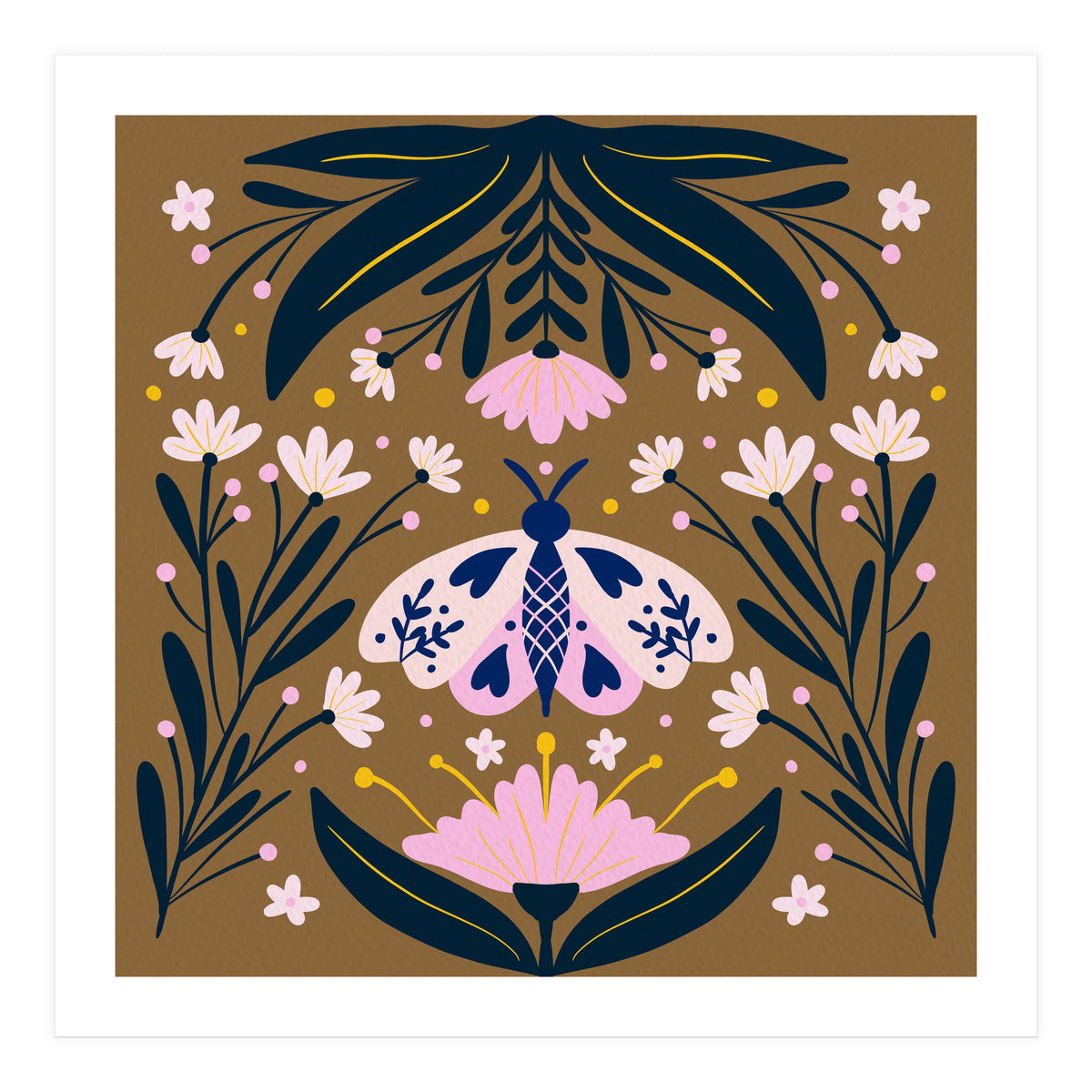 Pink Moth with Flowers on a brown background (Print Only)
