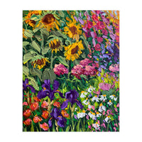 Vibrant Summer Sunflower and Iris Meadow Oil Painting (Print Only)