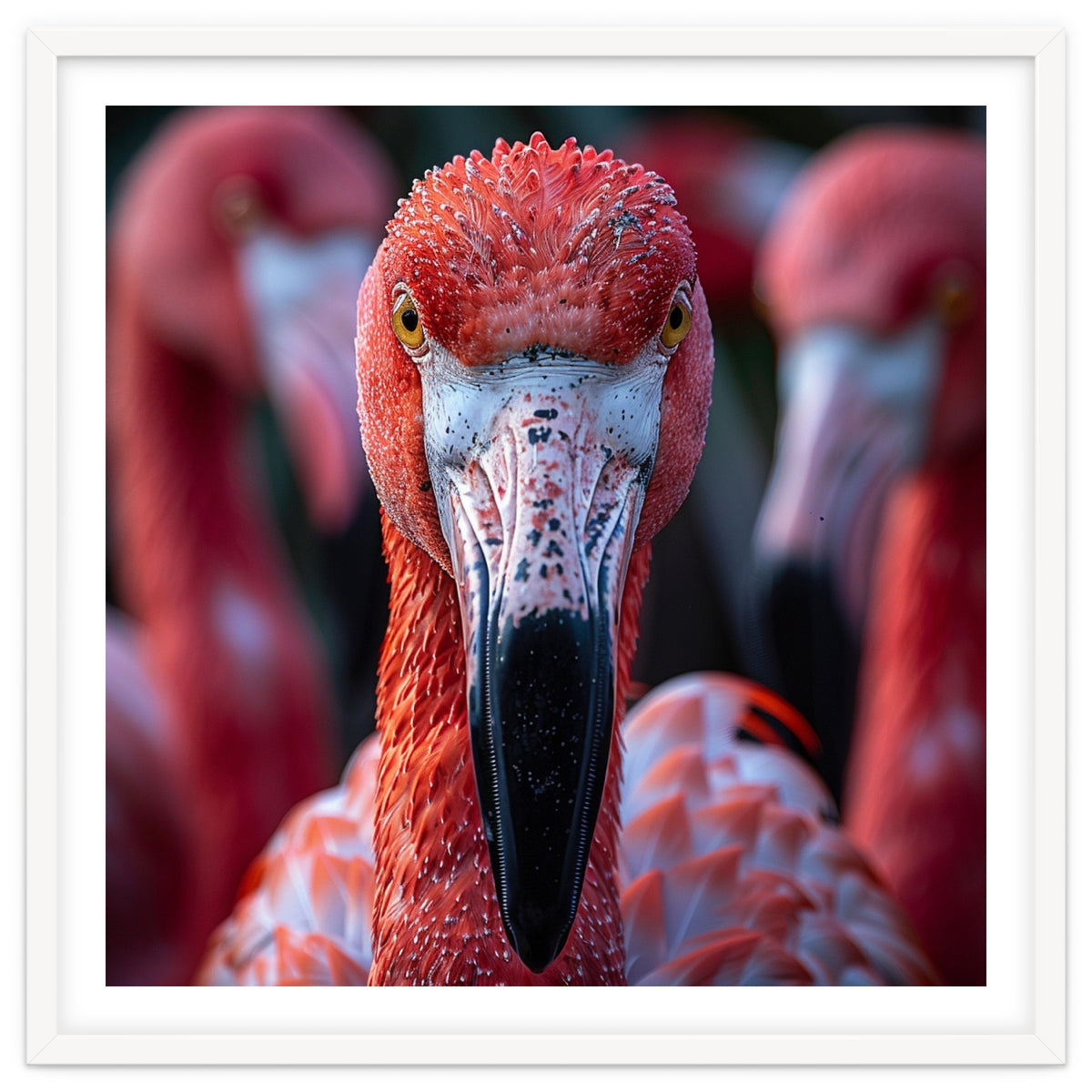 Close Up Of A Flamingo Bird Face, Pink Feathers
