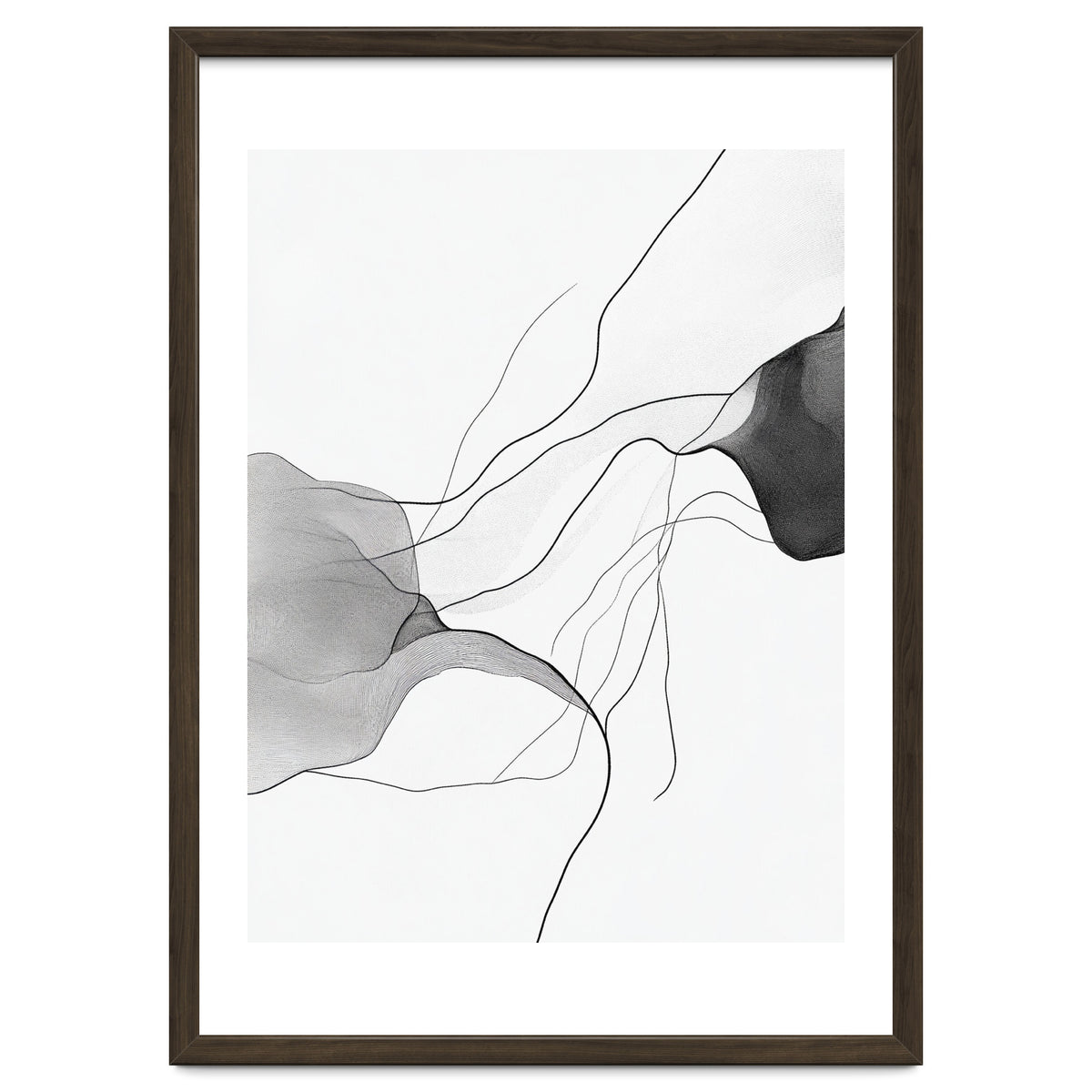 Abstract Black And White Flowing Lines And Shapes On White Background