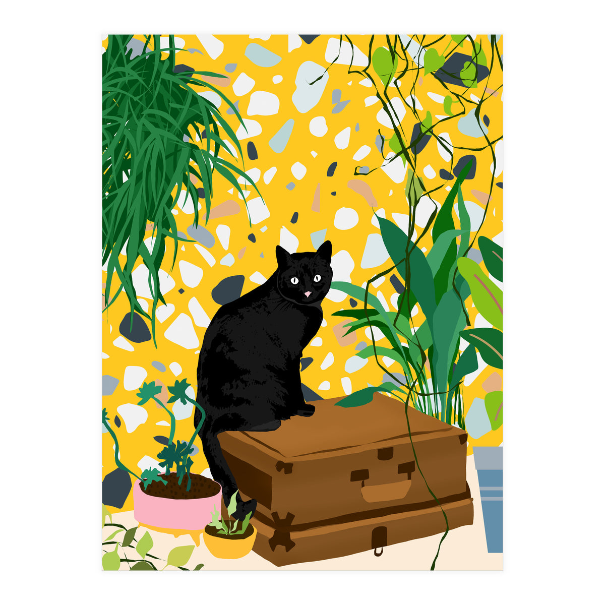 Urban Jungle Cat, Black Cats Pets Terrazzo Decor, Whimsical Bohemian Animals Illustration, Eclectic Quirky Travel (Print Only)