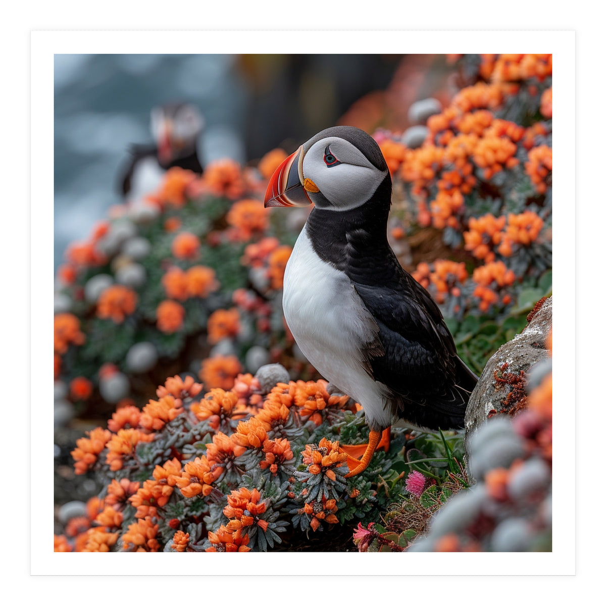 Atlantic Puffin Bird Perched On Orange Flowers (Print Only)