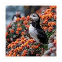 Atlantic Puffin Bird Perched On Orange Flowers (Print Only)