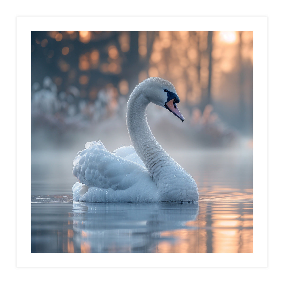 Serene White Swan Gliding On Misty Water (Print Only)