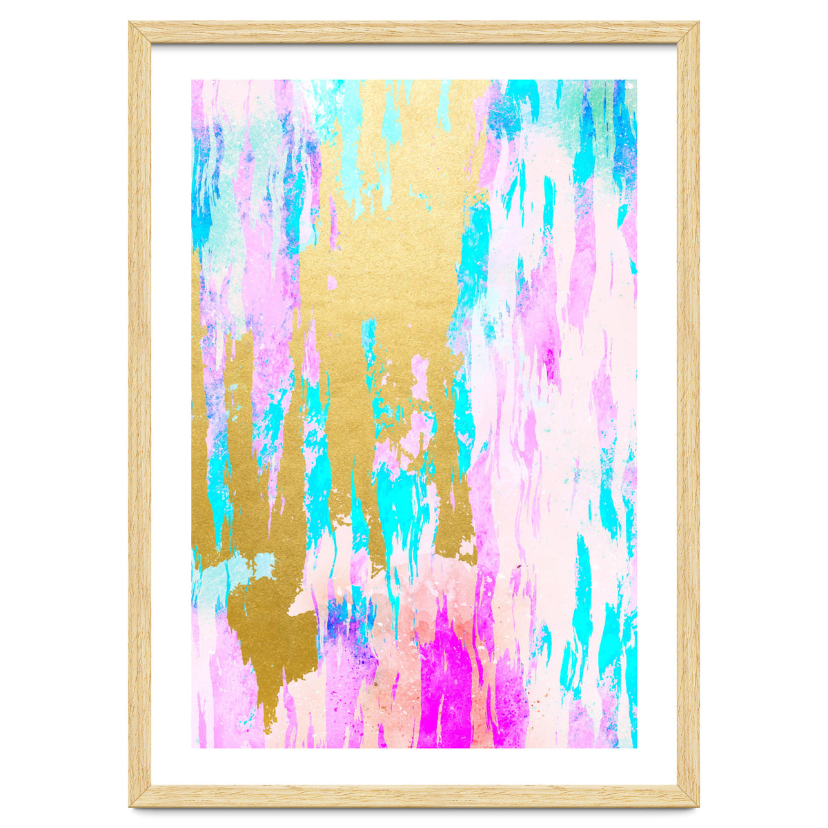 Meraki, Abstract Gold Painting, Colorful Graphic Design, Golden Pink Blue Eclectic Luxe Illustration