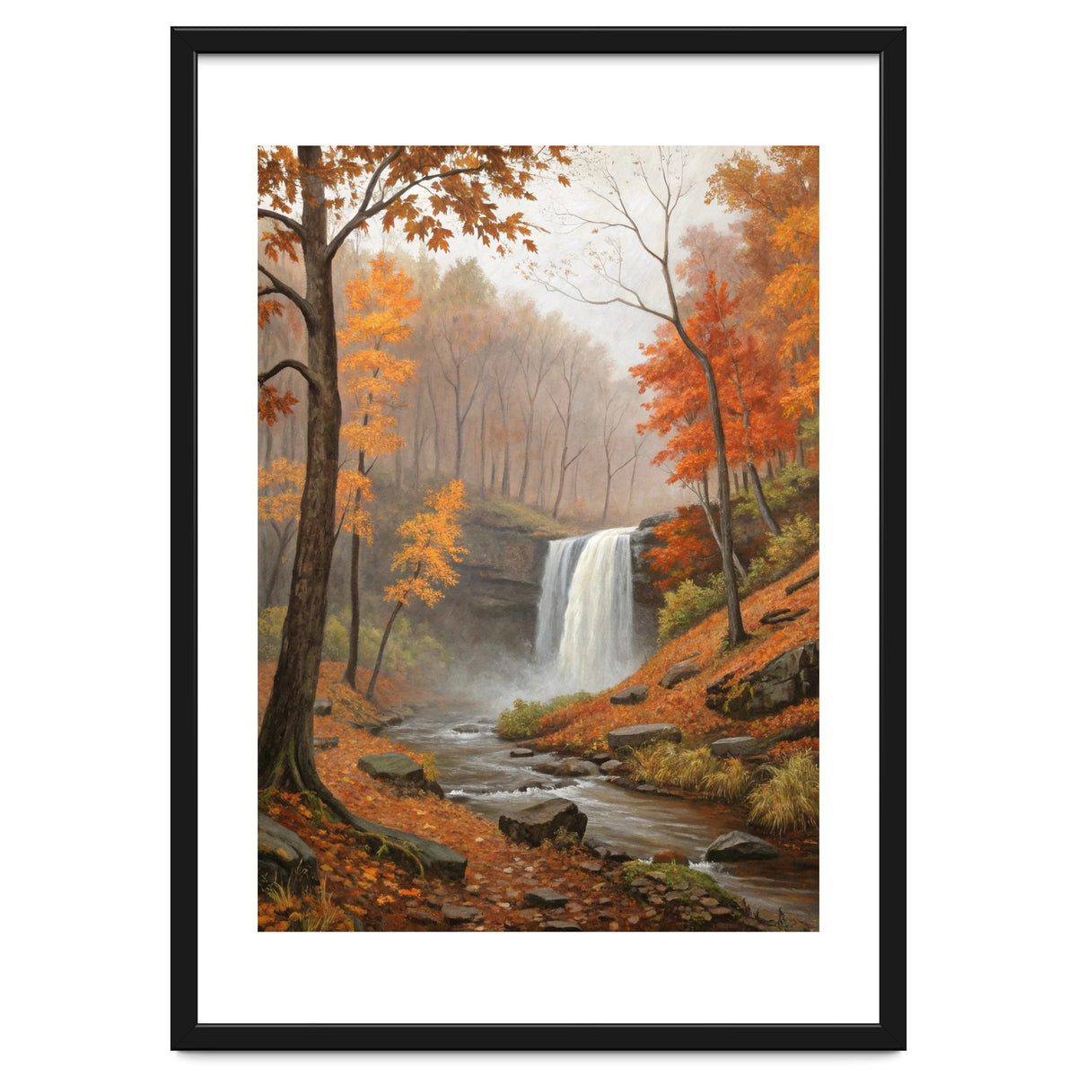 Serene Autumn Waterfall in Misty Forest