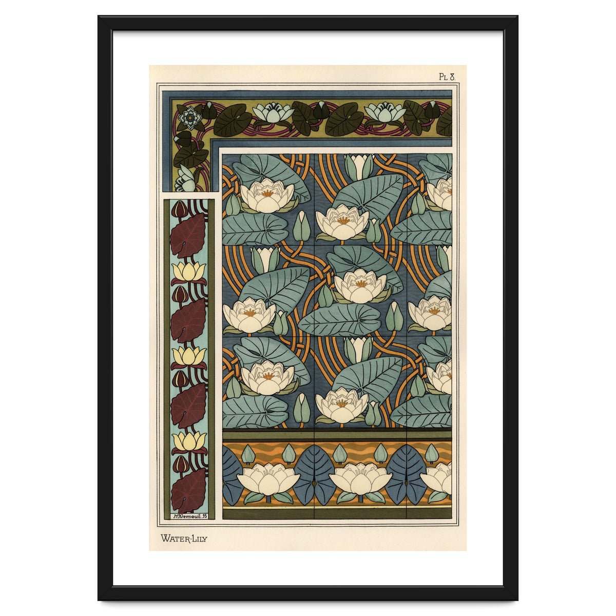 The water lily, Nelumbo lutea, in wallpaper and tile patterns. Lithograph by Verneuil.