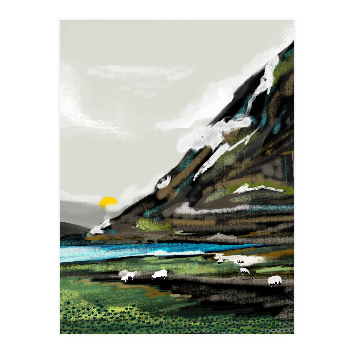 Graze, Cattle Nature Landscape Painting, Mountains Wild Adventure Cows, Animals Grassland Bohemian (Print Only)