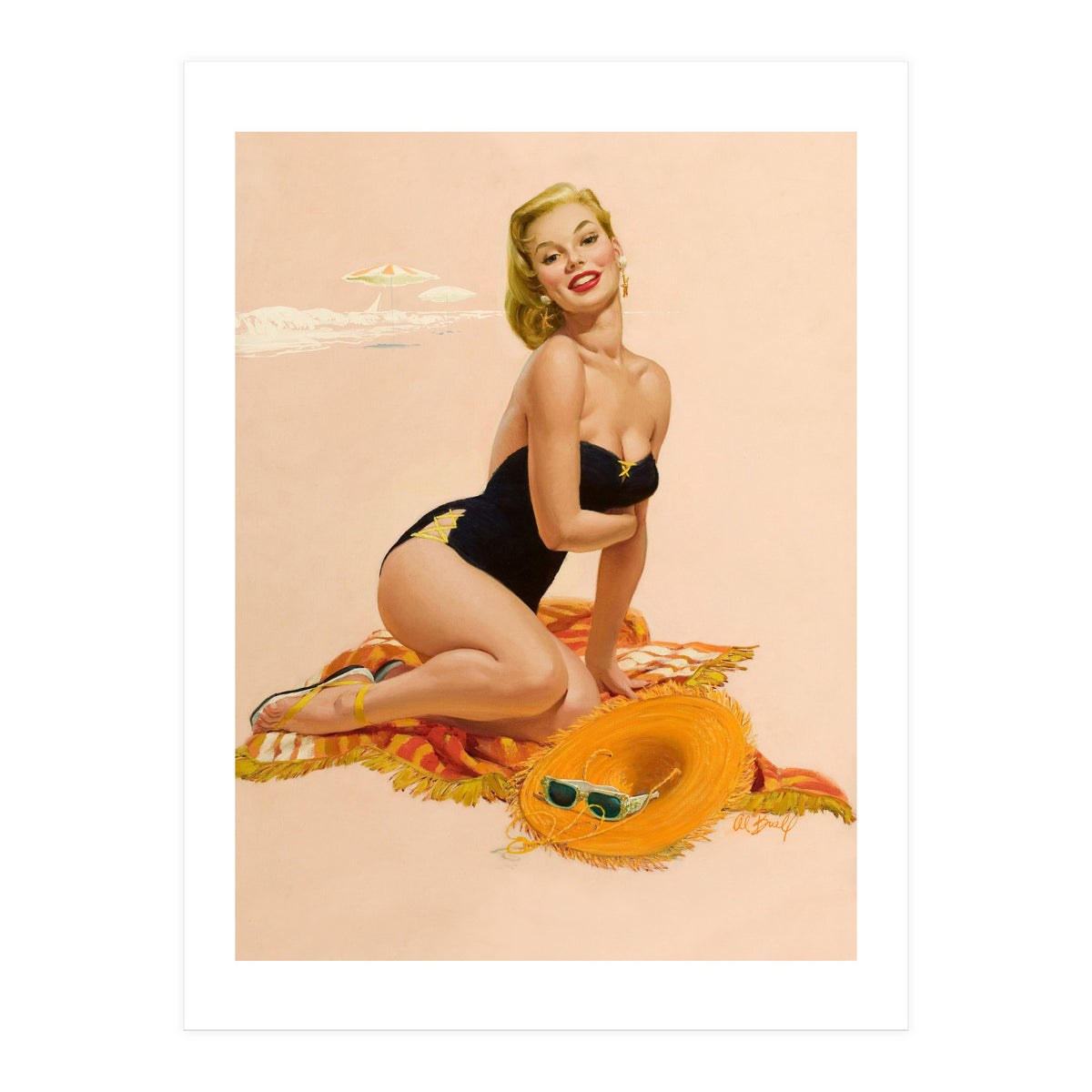 Pinup Woman Is Posing On A Beach (Print Only)