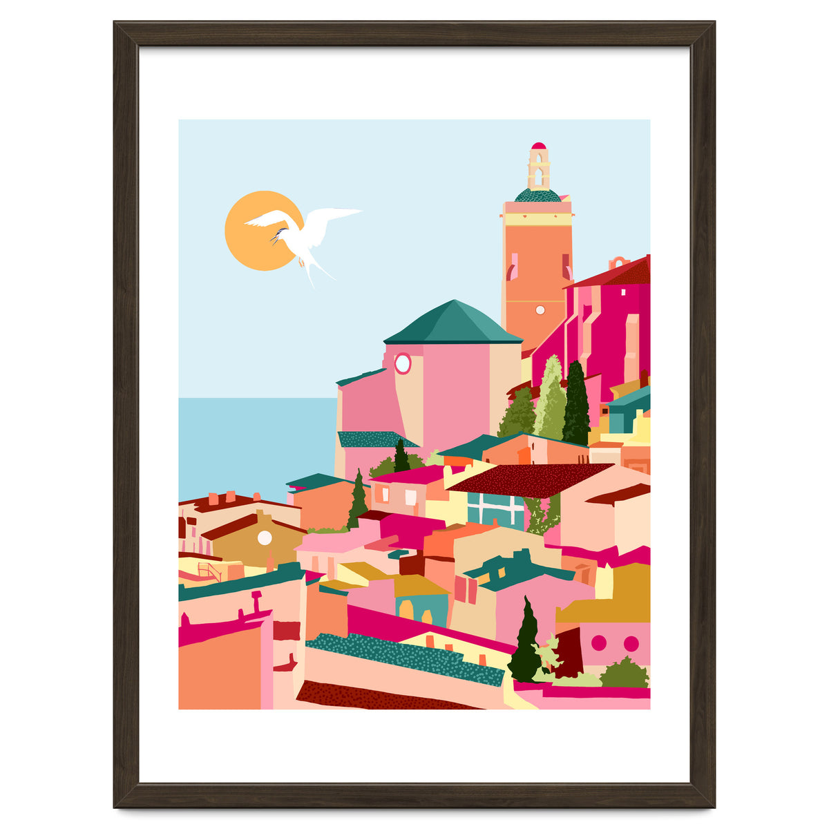 Crimson Rouge, Colorful Architecture Buildings, Greece Cityscape Skyline, Seagull Travel Summer Eclectic Bohemian Pop Of Color Positivity