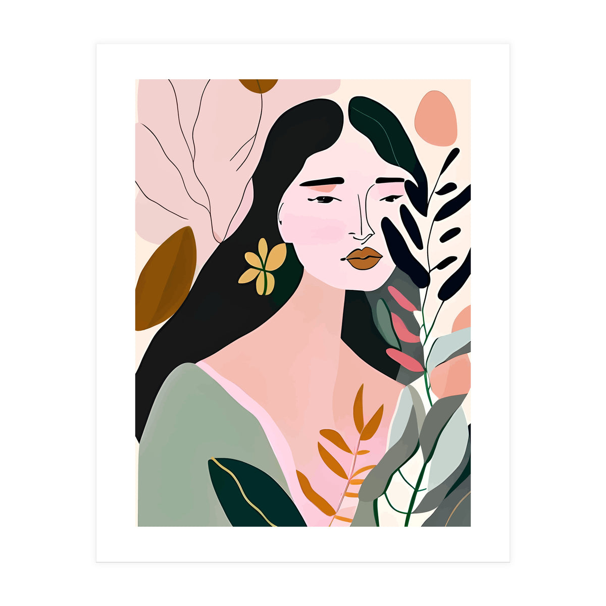 Reinvent, Beautiful Woman Girl Pastel Line Art, Minimal Botanical Nature Portrait, Modern Bohemian Drawing Nomadic Summer Self Love (Print Only)