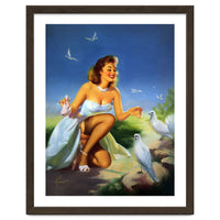 Beautiful Pinup Girl Feeding White Pigeons