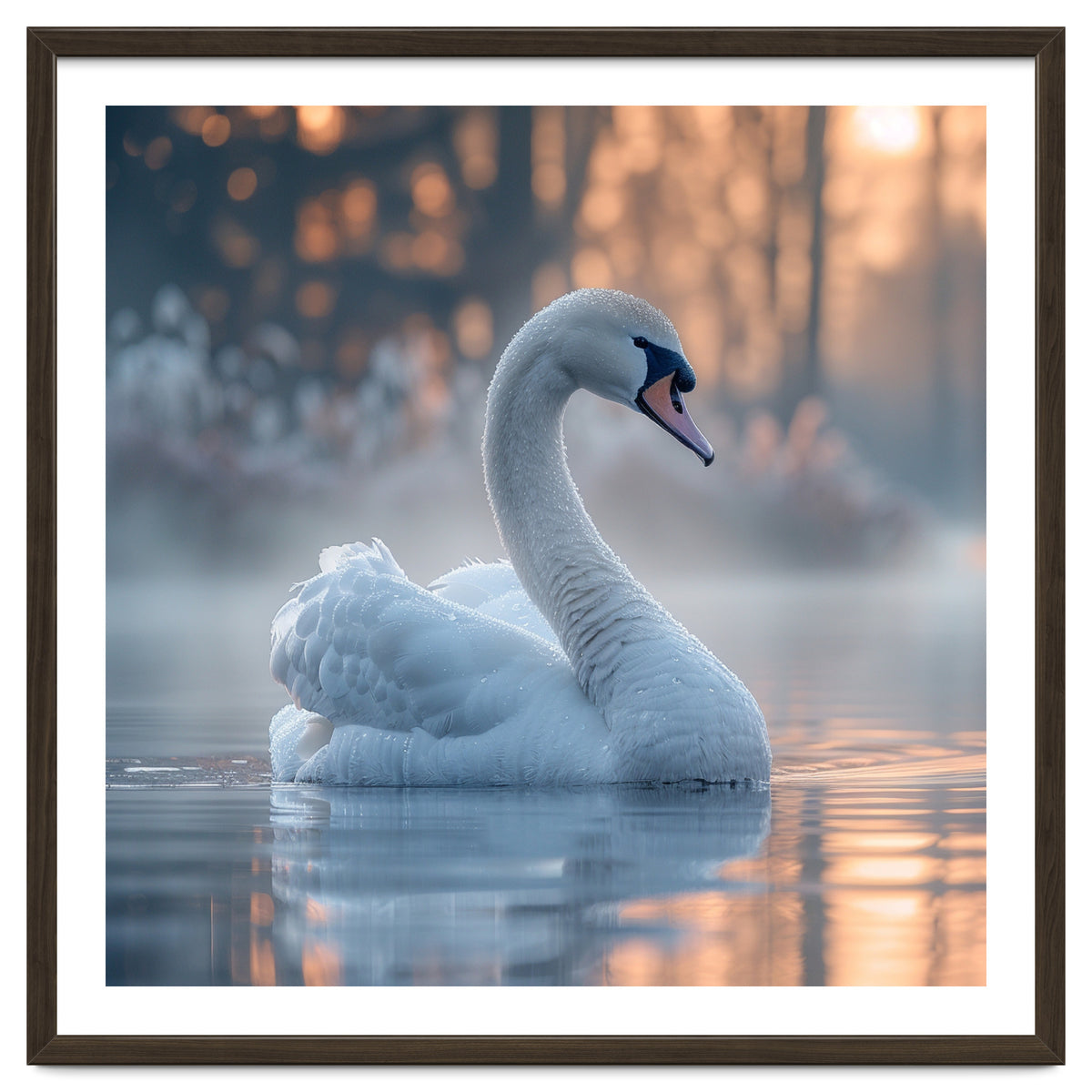 Serene White Swan Gliding On Misty Water