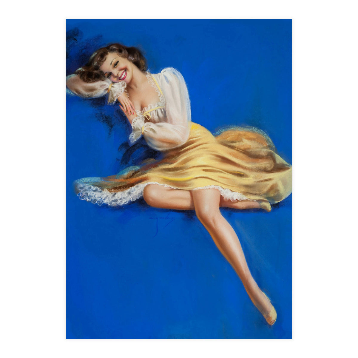 Pinup Girl Posing In Studio Over The Blue Background (Print Only)