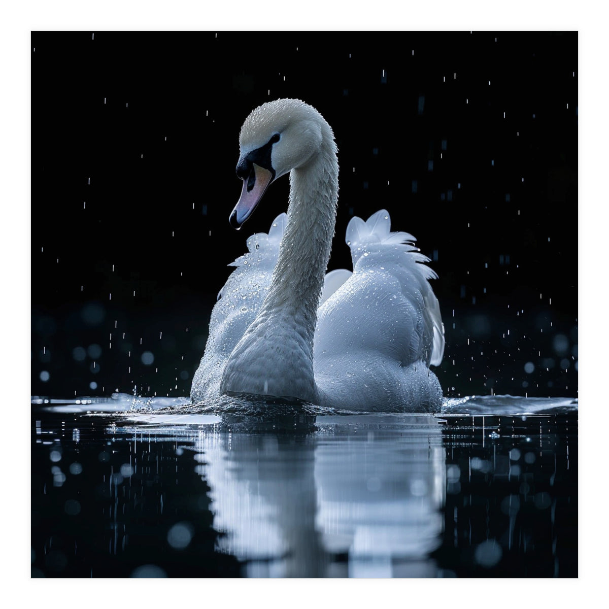 Majestic Swan Swimming In Dark Water (Print Only)