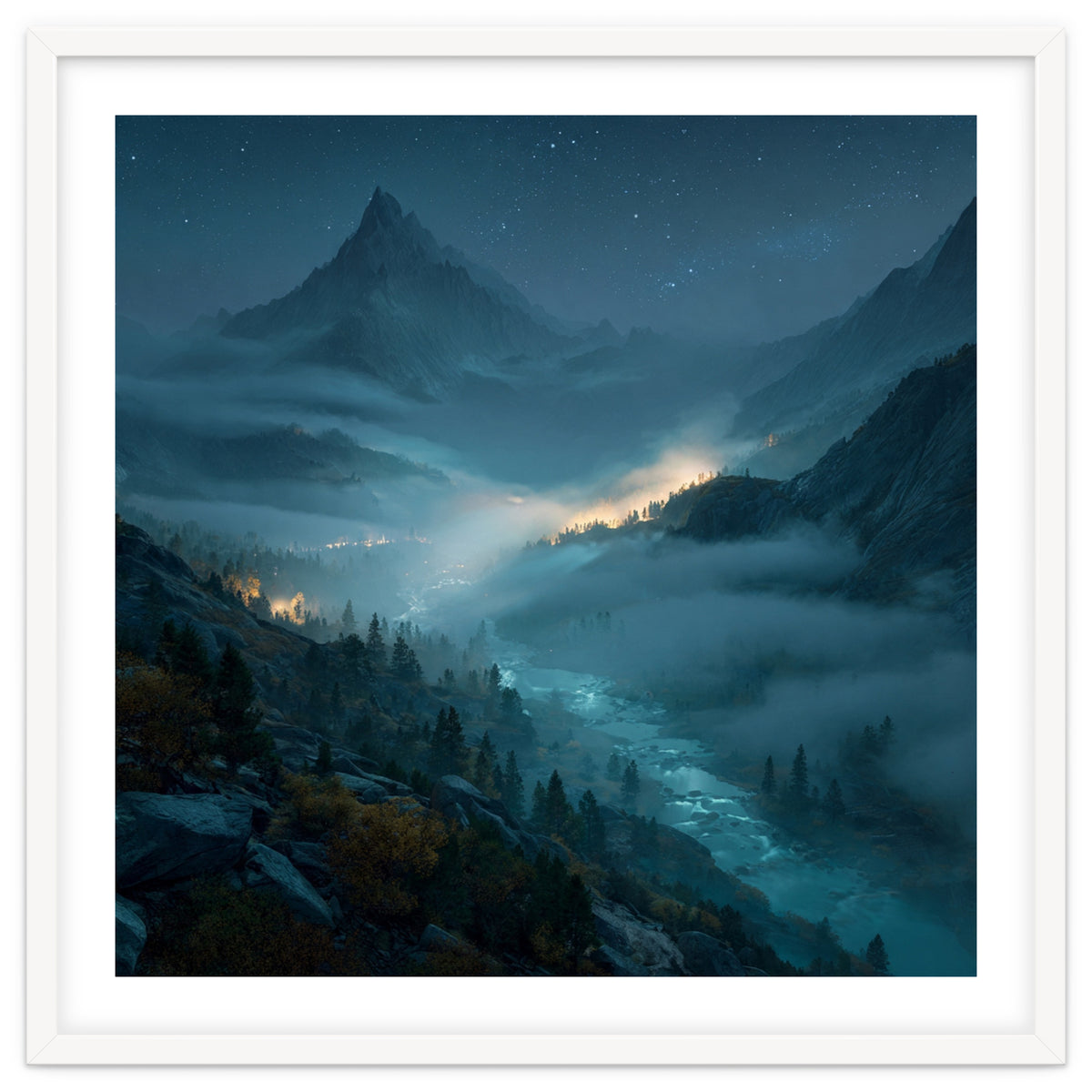 Moonlit Alpine Valley at Night with Shimmering River