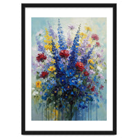 Vibrant Blue Delphinium and Red Rose Heavy Impasto Oil Painting