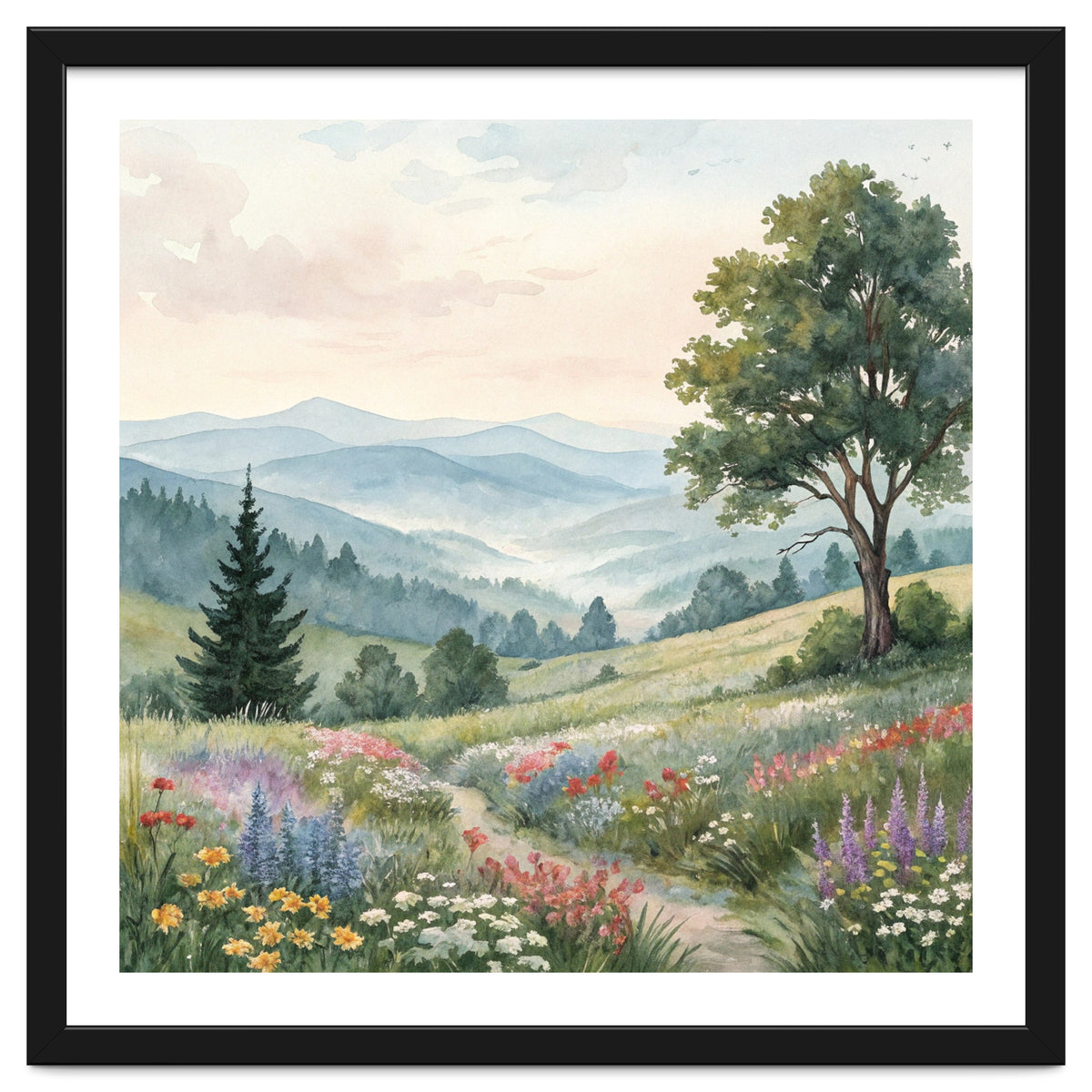Serene Mountain Meadow Watercolor Landscape