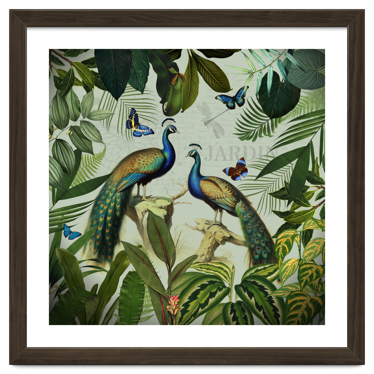 Vintage Exotic Asian Peacocks In Tropical Jungle Landscape