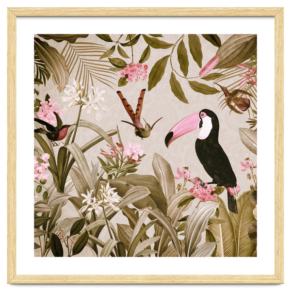 Vintage Exotic Birds Sepia Rainforest Flower Jungle
