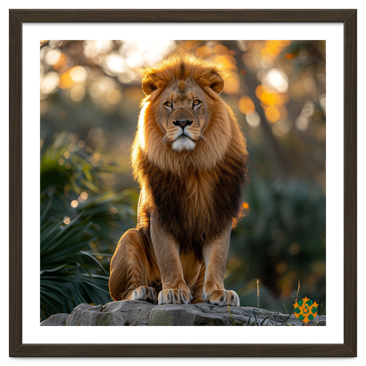 Majestic Lion Sitting On A Rock At Sunset