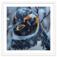 Penguin In Snow Falling Close Up Portrait