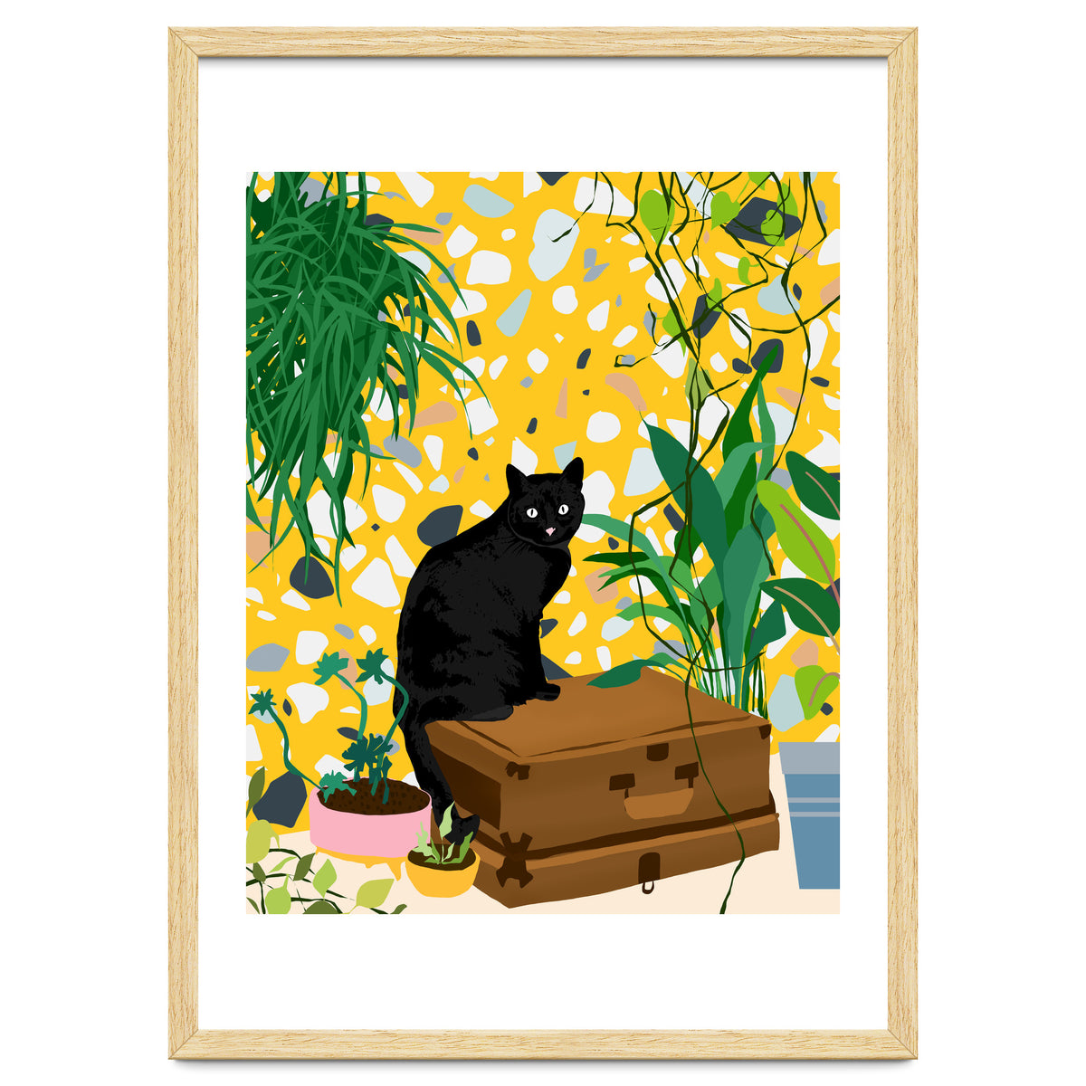 Urban Jungle Cat, Black Cats Pets Terrazzo Decor, Whimsical Bohemian Animals Illustration, Eclectic Quirky Travel