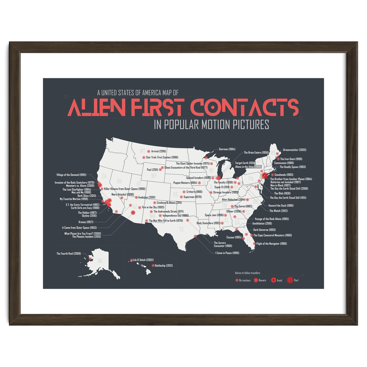 USA Map of Alien First Contacts in Movies