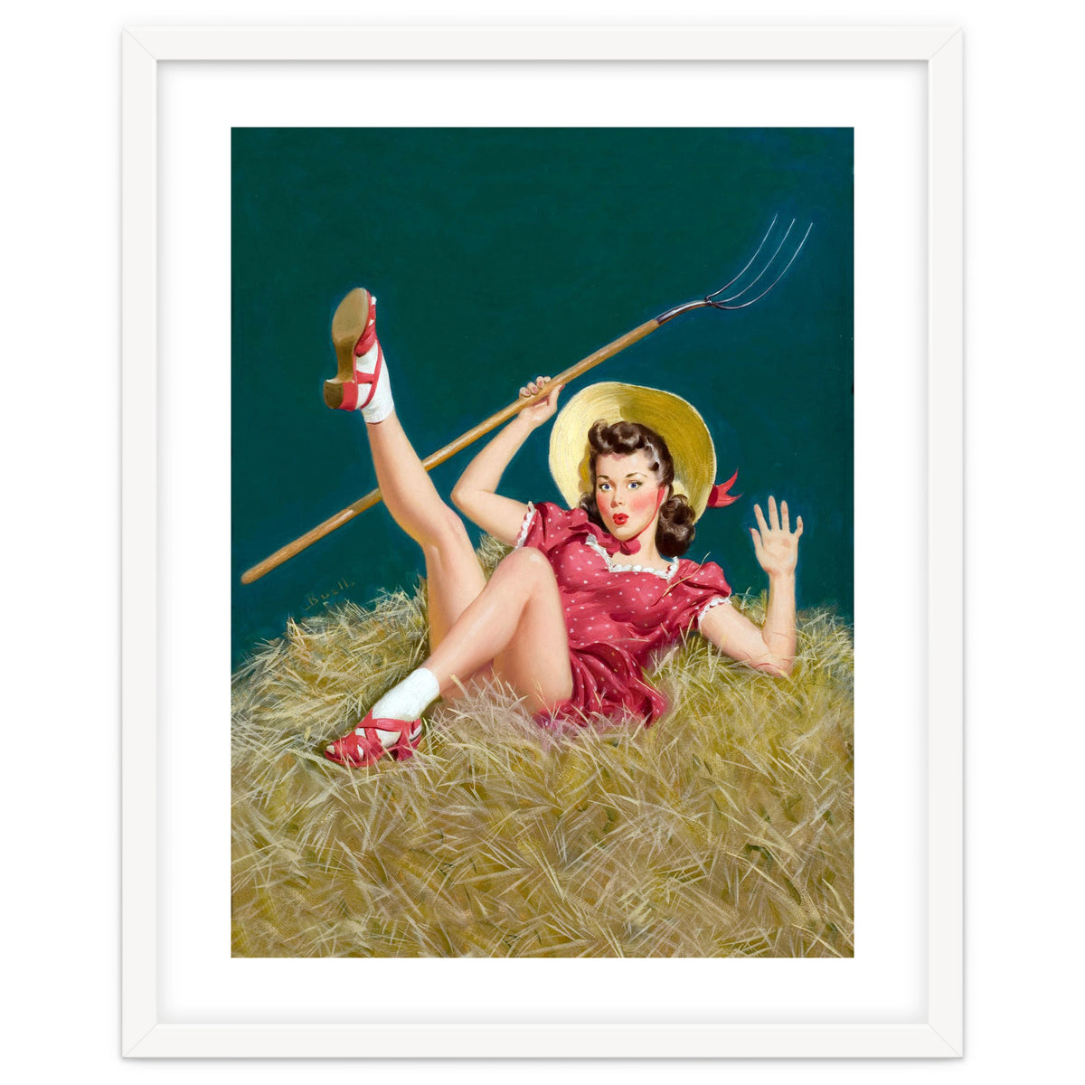 Pinup Sexy Girl Posing On A Hay With A Pitchfork