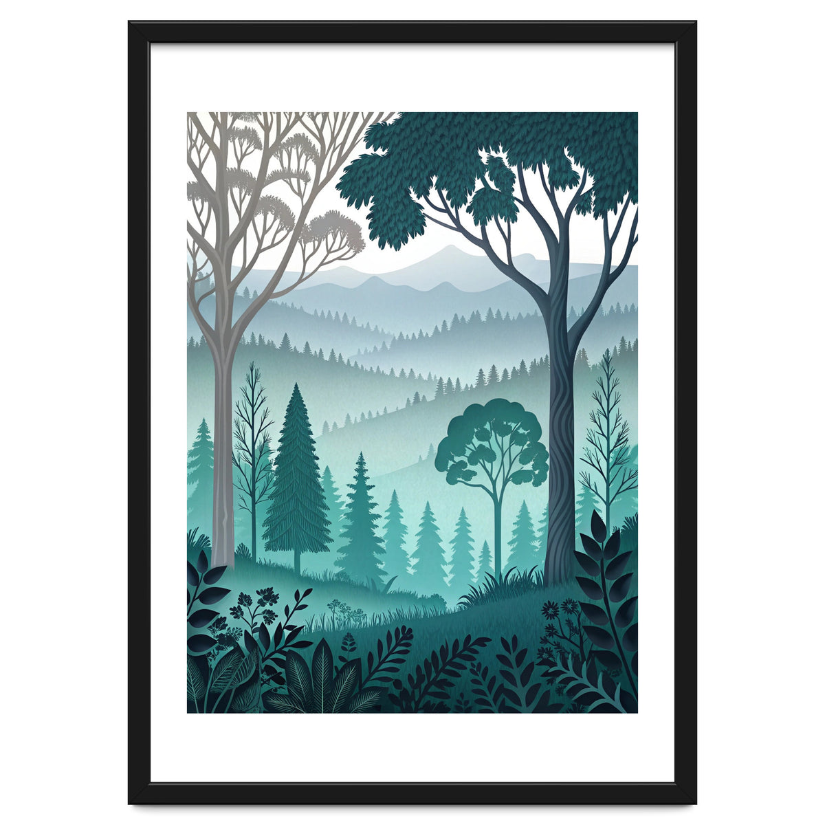 Vibrant Silhouettes in the Misty Teal Highlands