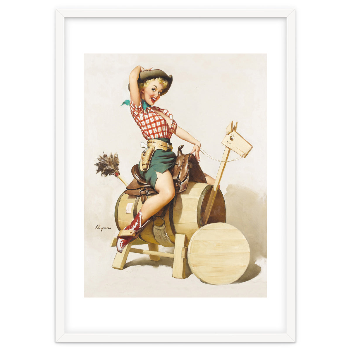 Pinup Cowgirl Riding A Wooden Horse Made Of Barrel
