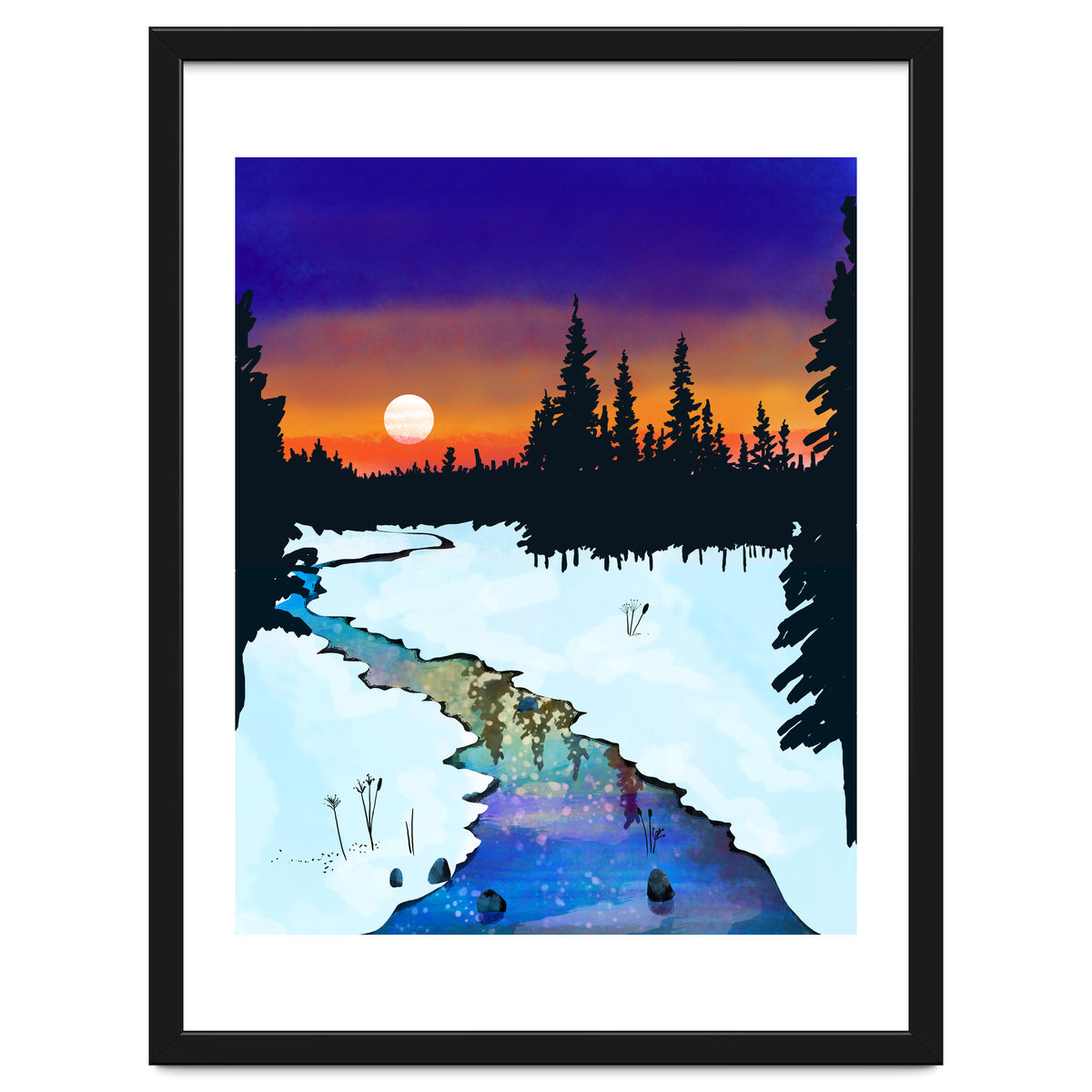 Purple Midnight, Snow River Full Moon Nature Landscape Painting, Winter Travel Adventure Places