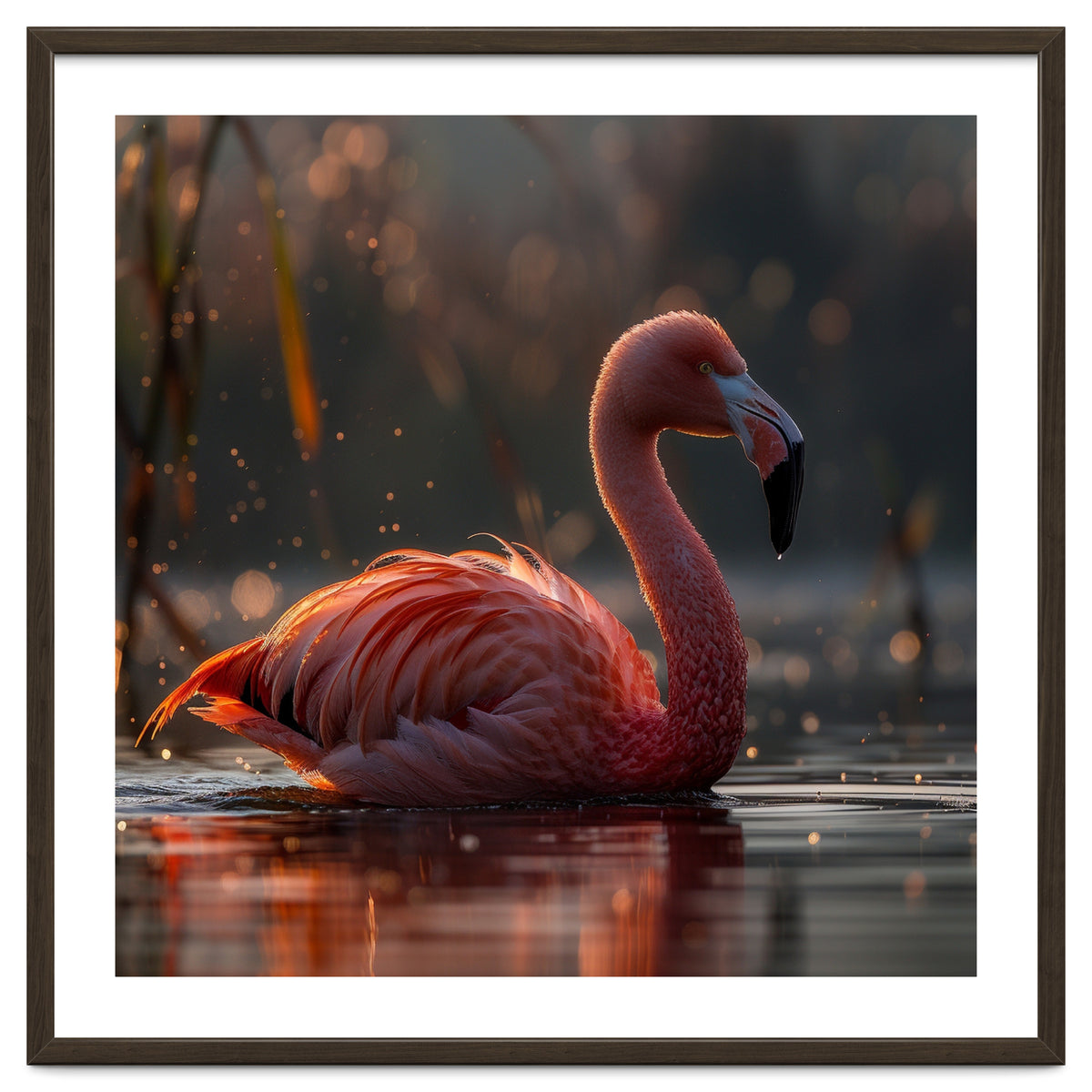 Pink Flamingo Swimming In Sunlight Water