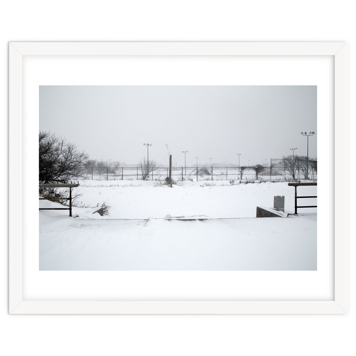 Baseball field covered in snow