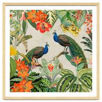 Vintage Exotic Asian Peacocks In Tropical Colorful Jungle Landscape