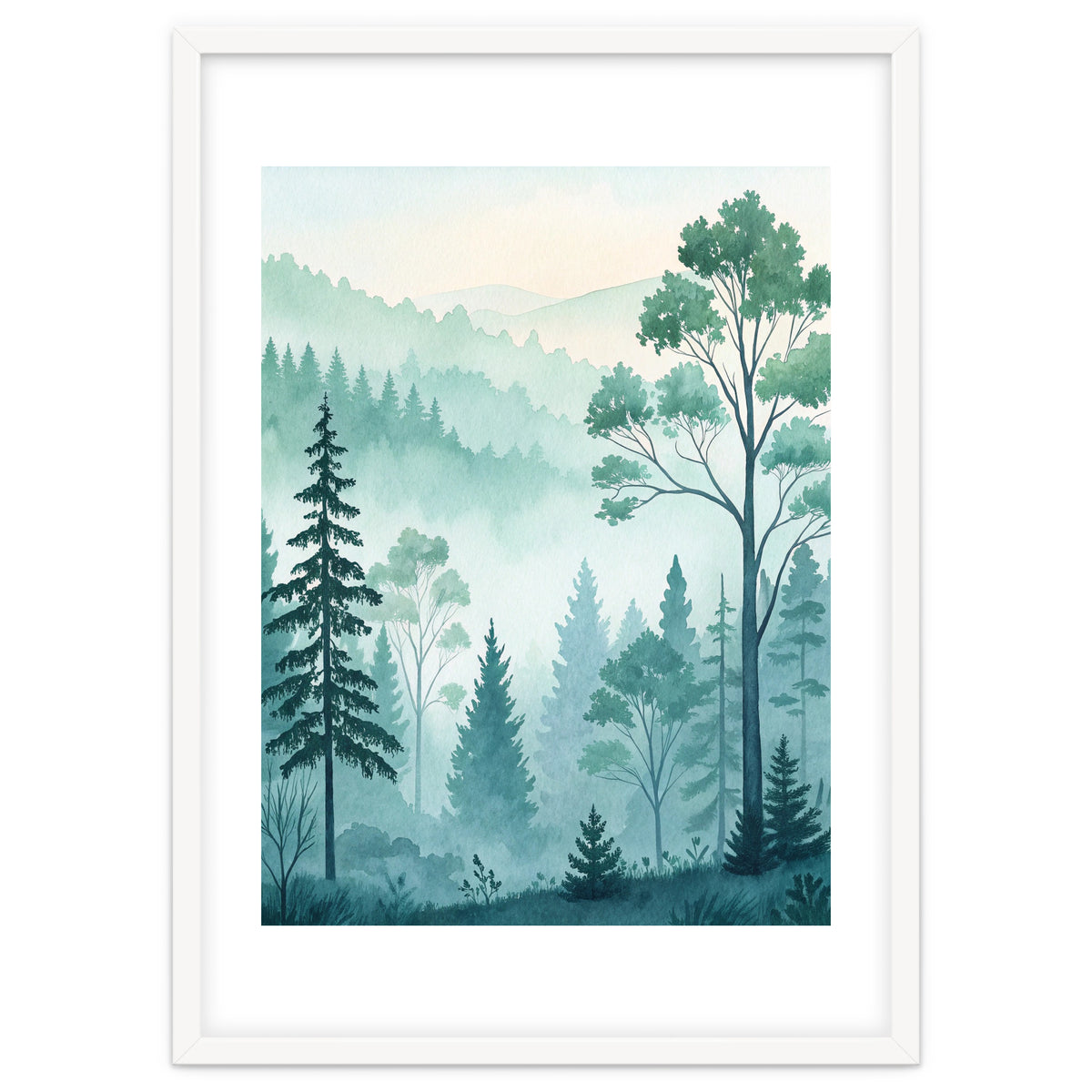 Ethereal Misty Pine Forest Watercolor Art