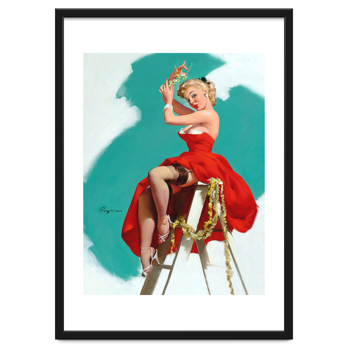 Sexy Pinup Girl In Red Dress Posing On a Ladder