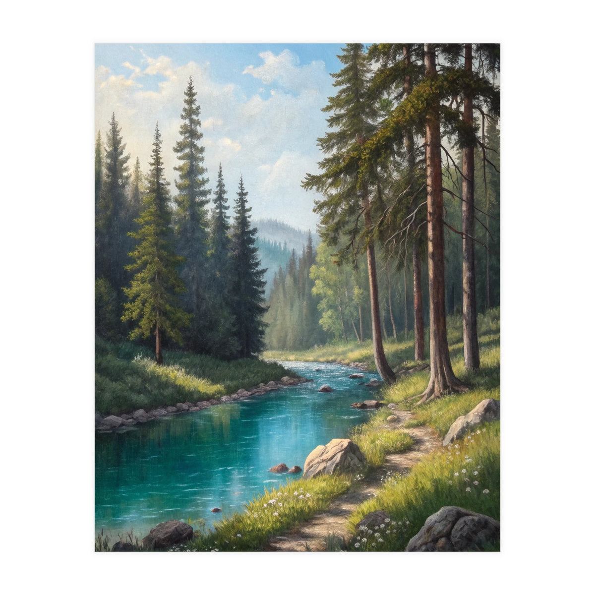 Serene Alpine Forest River Landscape (Print Only)