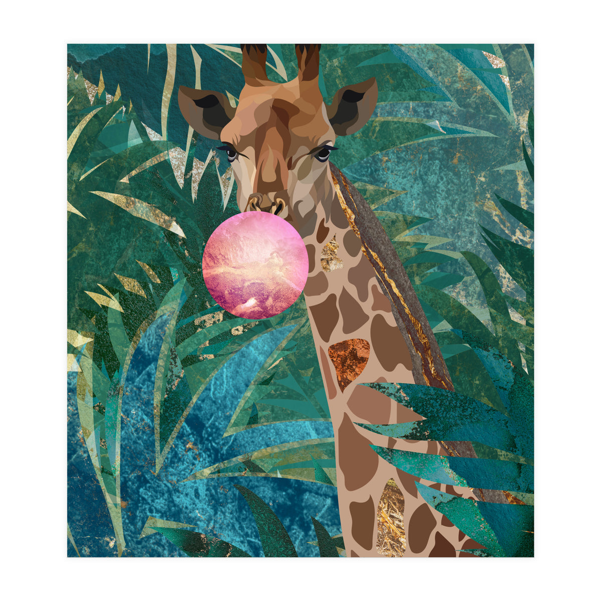 Giraffe blowing a bubble in the jungle (Print Only)