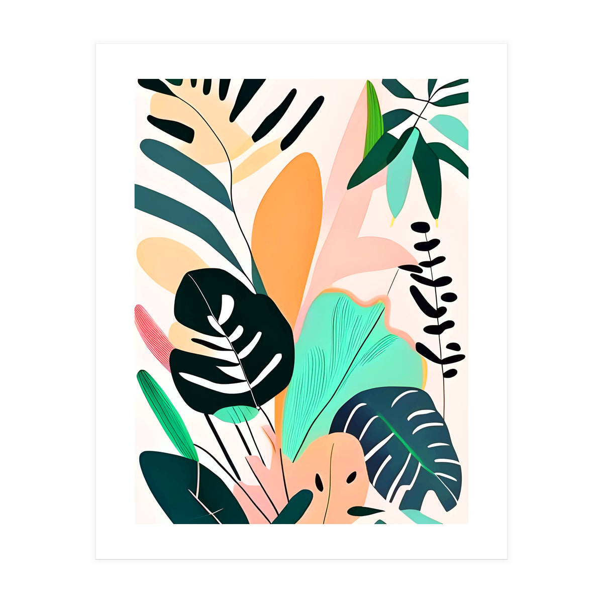Pastello, Tropical Pastel Jungle, Botanical Neutral Muted Colors, Nature Plants Drawing Monstera, Exotic Bohemian Summer (Print Only)