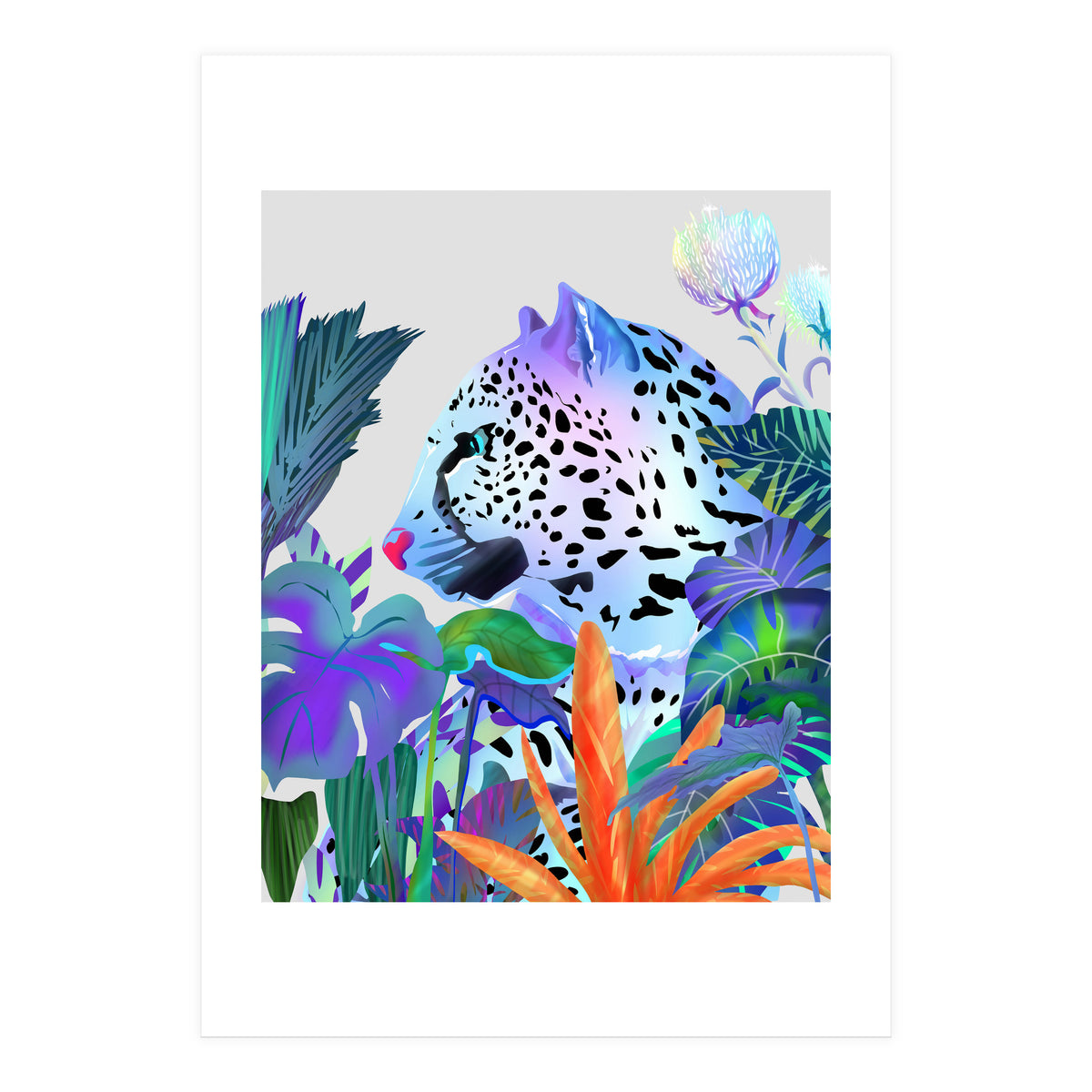 Holographic Leopard, Tropical Jungle Eclectic Nature, Colorful Botanical Wildlife, Boho Contemporary Animals, Tiger Cheetah Cat Maximalism (Print Only)