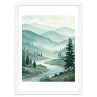 Serene Misty Mountain Valley Watercolor Painting