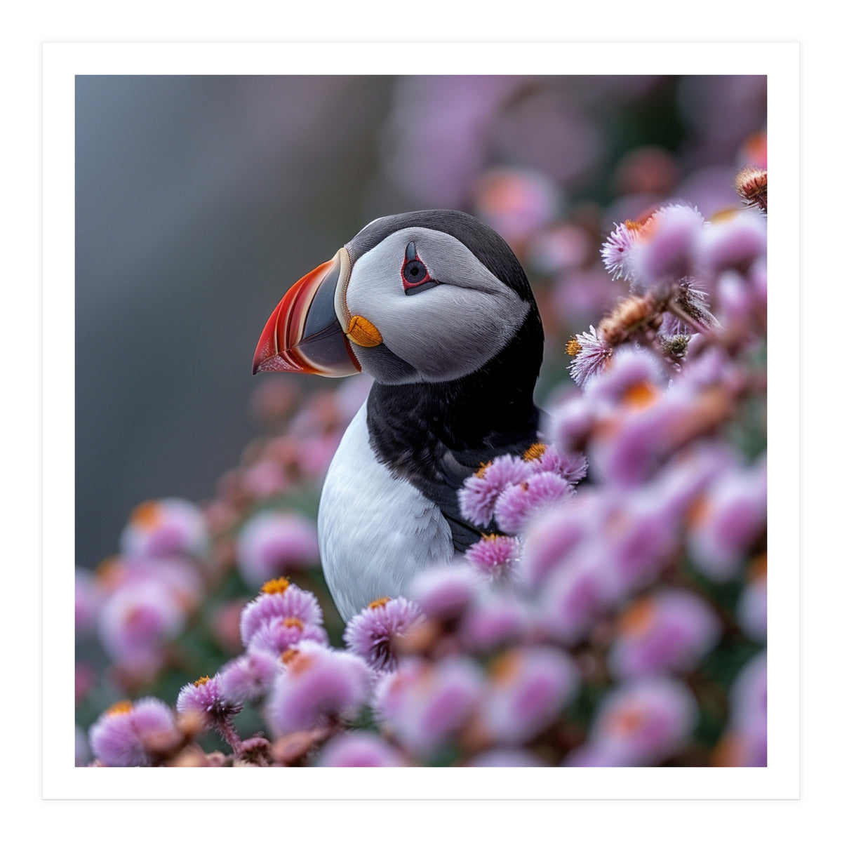Atlantic Puffin Amidst Pink Heather Flowers (Print Only)