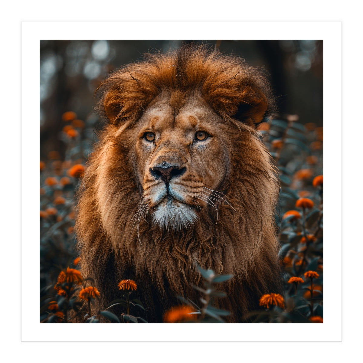 Majestic Lion Portrait In Orange Flowers (Print Only)